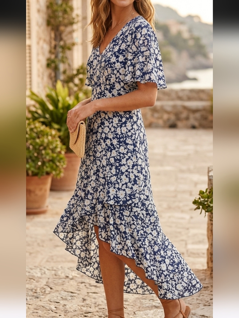 Women’s Navy Floral Midi Dress with V-Neck